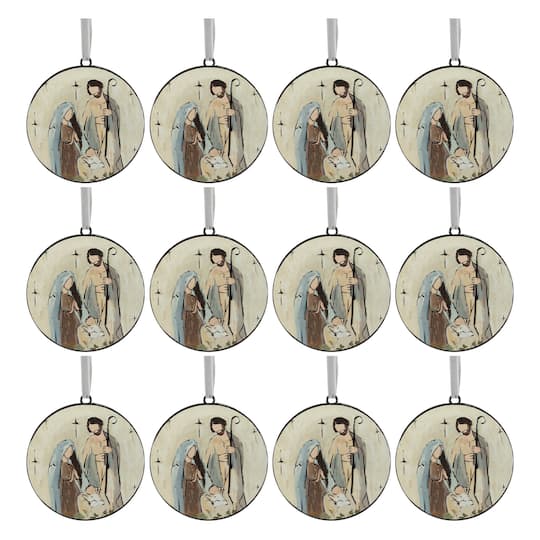 94383DS 6 in. Iron Holy Family Disc Ornament, Beige, Brown & Blue - Set of 12
